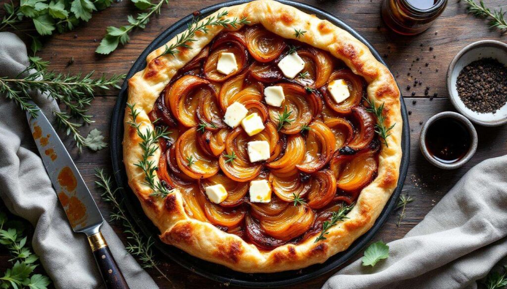 Tarte tatin aux oignons caramélisés et chèvre : la recette renversée qui surprend à chaque bouchée
