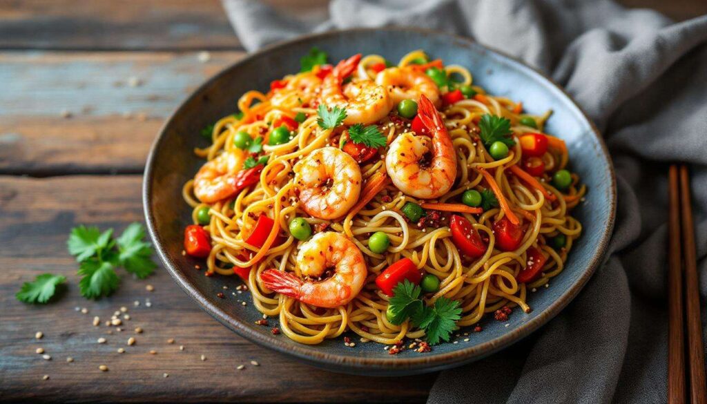 Wok de nouilles sautées aux crevettes et légumes croquants : le dîner express inspiré de la street food asiatique