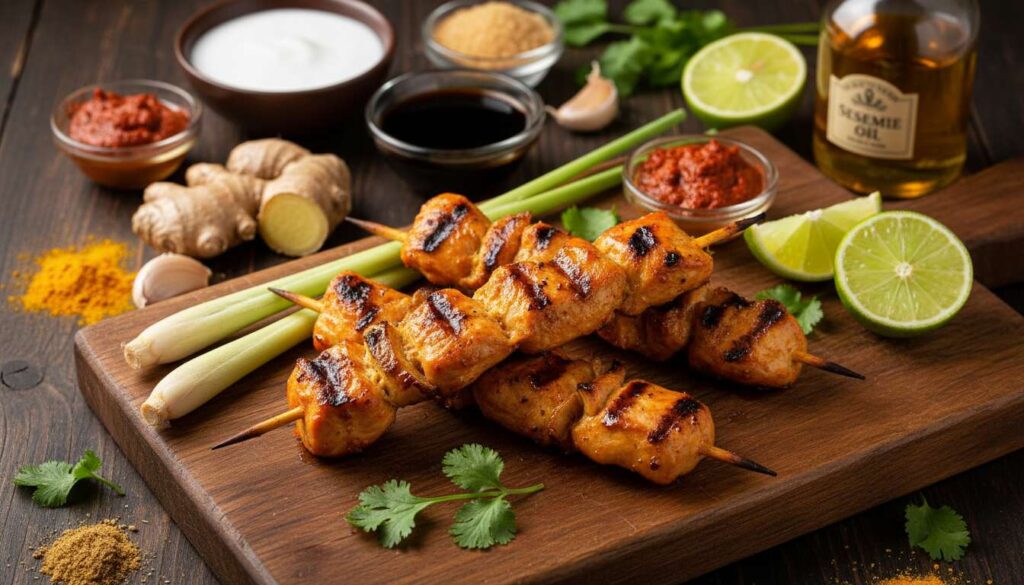 Brochettes satay de poulet à la citronnelle : recette savoureuse de Julie Andrieu