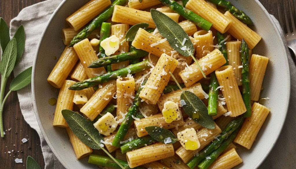 Rigatoni aux asperges vertes et beurre de sauge : recette savoureuse
