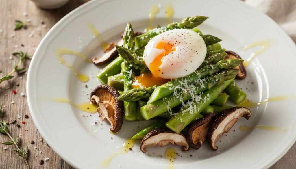 Recette d'asperges vertes, jaune d'œuf, shiitakés et parmesan