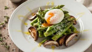 Recette d'asperges vertes, jaune d'œuf, shiitakés et parmesan
