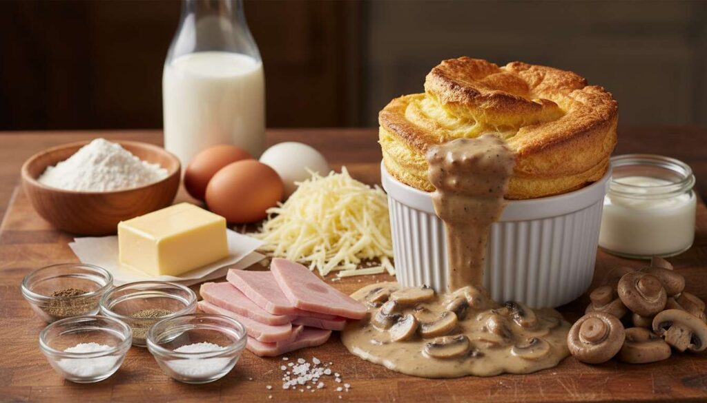 Recette du soufflé au jambon et fromage avec sauce champignons de Jean Cocteau