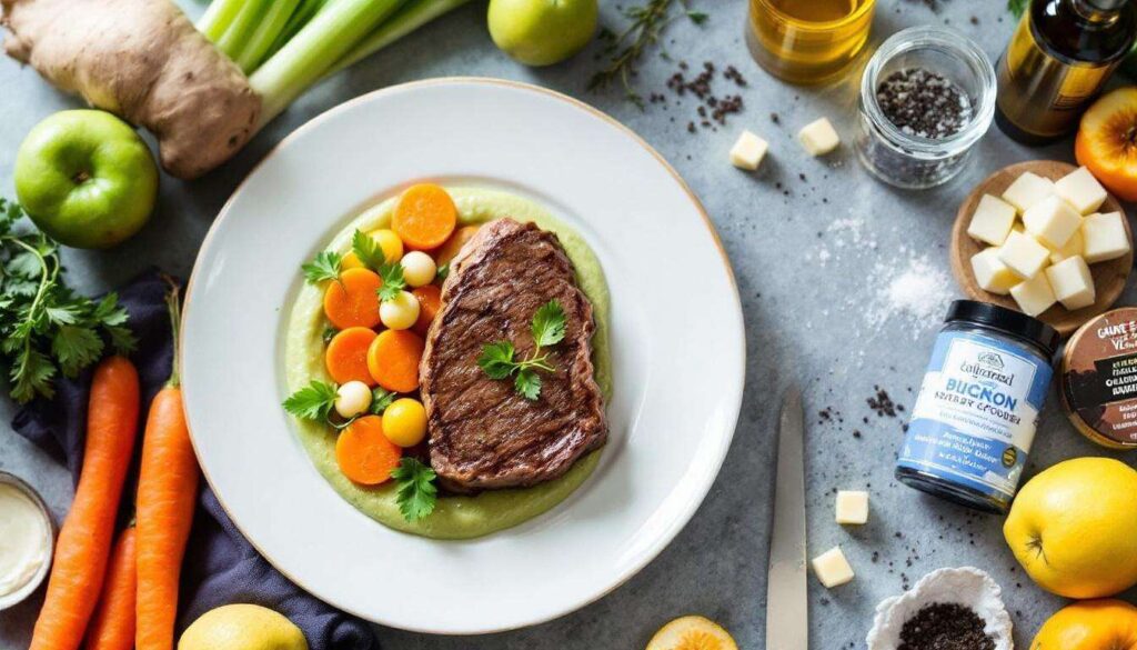 Bison d'Auvergne, mousseline de céleri, billes de carottes et gelée de coing