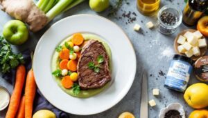 Bison d'Auvergne, mousseline de céleri, billes de carottes et gelée de coing