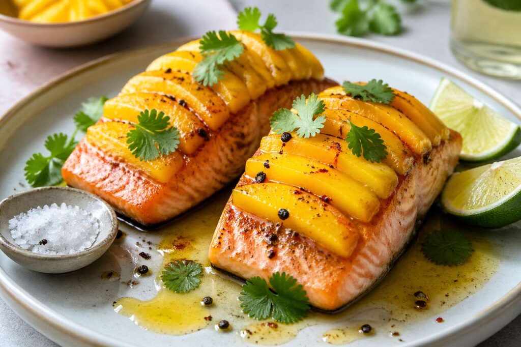 Recette saumon poivré à la mangue de Julie Andrieu