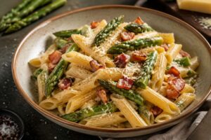 Recette de penne à la carbonara et asperges par Julie Andrieu