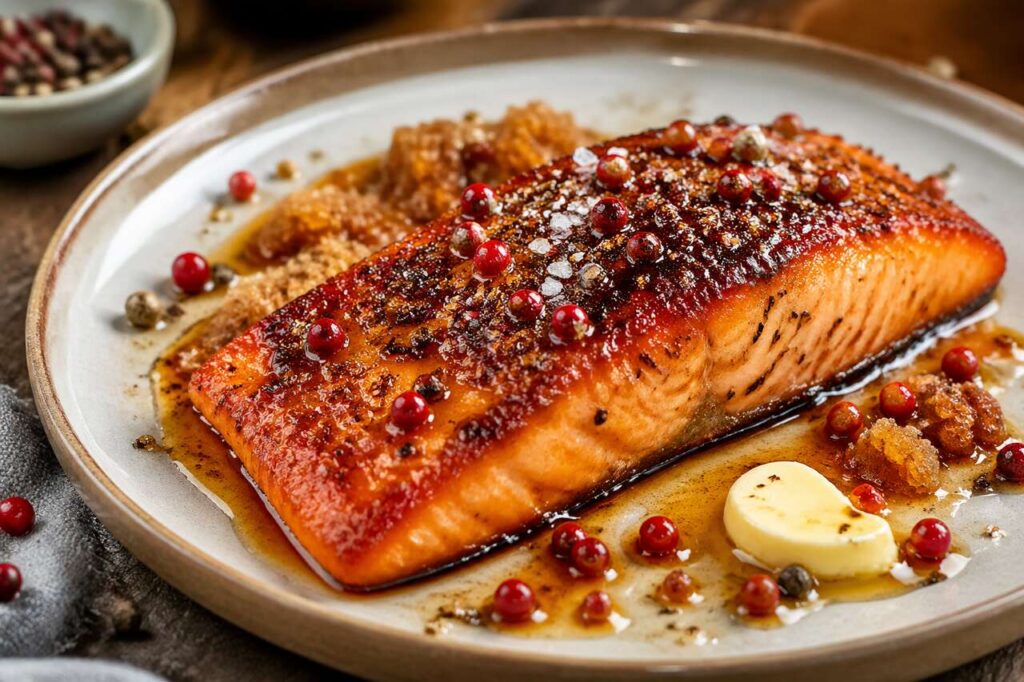 Saumon caramélisé en croûte de poivre et baies