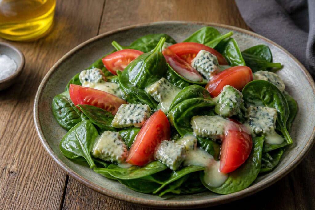 Salade d'épinards aux tomates et fondue de Gorgonzola