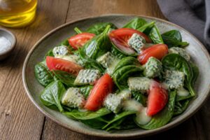 Salade d'épinards aux tomates et fondue de Gorgonzola