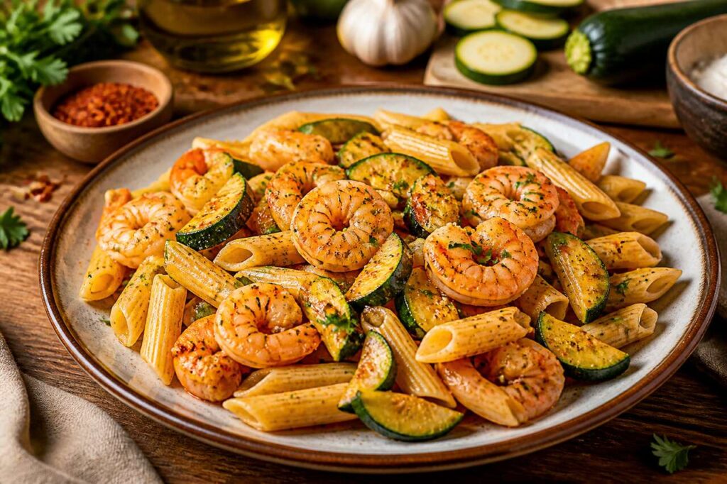 Penne aux crevettes et courgettes : recette facile et épicée