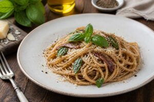 Spaghetti complet aux anchois et basilic - recette Julie Andrieu