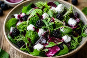 Salade de jeunes pousses au chèvre et vinaigrette de mûres