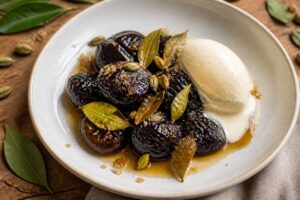 Prunes compotées aux feuilles de citronnier et cardamome : recette gourmande