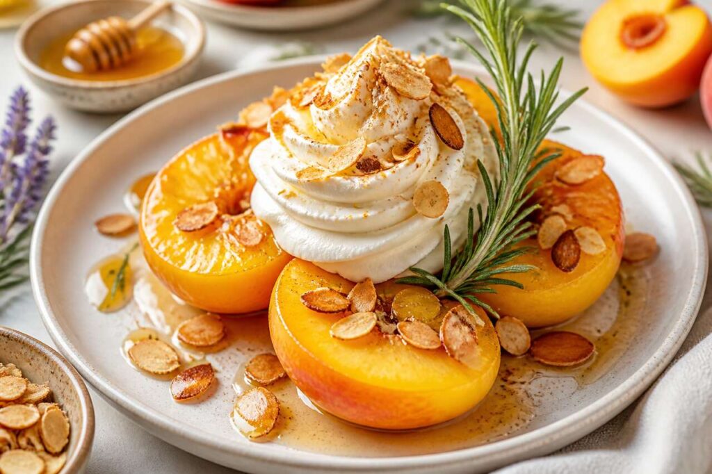Pêches au romarin et chantilly aux amandes : recette gourmande