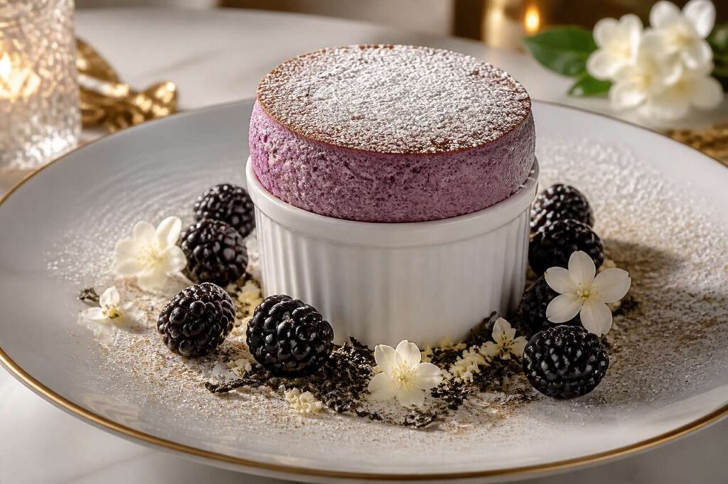 Recette : soufflé à la mûre et au jasmin du chef Arnaud Donckele