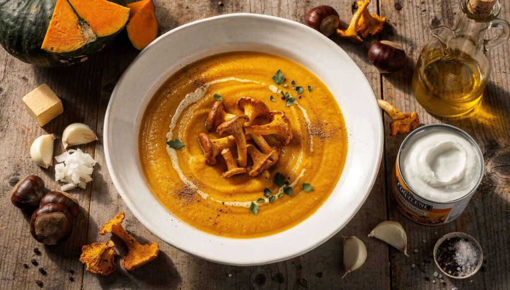 Velouté de potimarron aux châtaignes et chanterelles – recette de Julie Andrieu