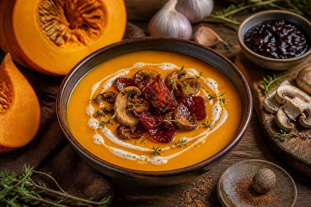 Crème de potimarron aux champignons et lard laqué au cassis par Jean-Michel