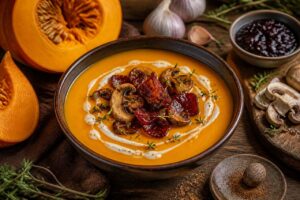 Crème de potimarron aux champignons et lard laqué au cassis par Jean-Michel