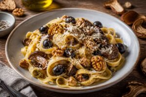 Tagliatelles aux cèpes, noix et olives : recette de Julie Andrieu