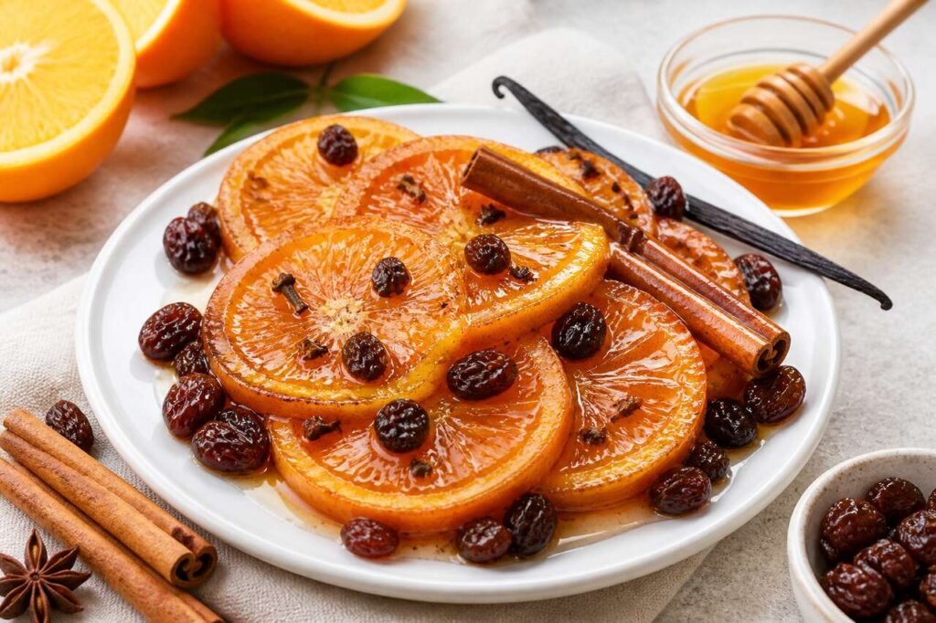 Oranges confites à la cannelle et raisins secs de Julie